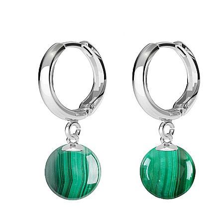 Malachit - Cercei Argint, Tip Creole, cu Pietre Semipretioase Naturale de Malachit de 10 mm