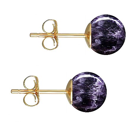 Bijuterii cu Ametist - Cercei Aur Galben de 14 karate, Tip Surub, cu Pietre Semipretioase Naturale de Ametist de 8 mm