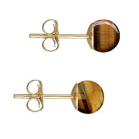 Colectii - Cercei Aur Galben de 14 karate, Tip Surub, cu Pietre Semipretioase Naturale de Ochi de Tigru de 6 mm