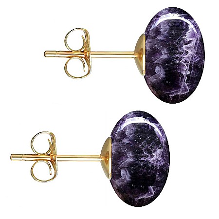 Bijuterii cu Ametist - Cercei Aur Galben de 14 karate, Tip Surub, cu Pietre Semipretioase Naturale de Ametist de 12 mm