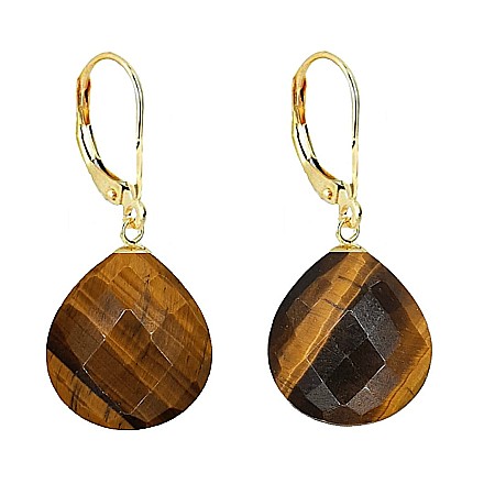 Ochi de Tigru - Cercei Aur Galben de 14 karate, Tortita Inchisa, cu Pietre Semipretioase Naturale de Ochi de Tigru Fatetat