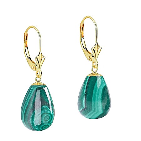 Malachit - Cercei Kaskadda cu Pietre Semipretioase de Malachit, Lacrima, de 14/10 mm si Tortita Lalea din Aur de 14 karate