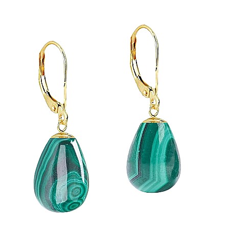 Malachit - Cercei Kaskadda cu Pietre Semipretioase de Malachit, Lacrima, de 14/10 mm si Tortita Clasica din Aur de 14 karate