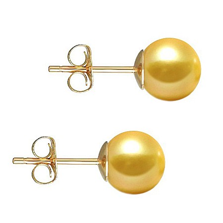 Perle Rare - Cercei Perle Akoya Aurii 8 mm, AAA, Aur 14K (aur 585), Tip Șurub   | KASKADDA®