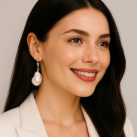 Colectia Perle Baroque - Cercei Perle Mari Baroque Edison Albe, Aur 14K, Formă Organică | KASKADDA®