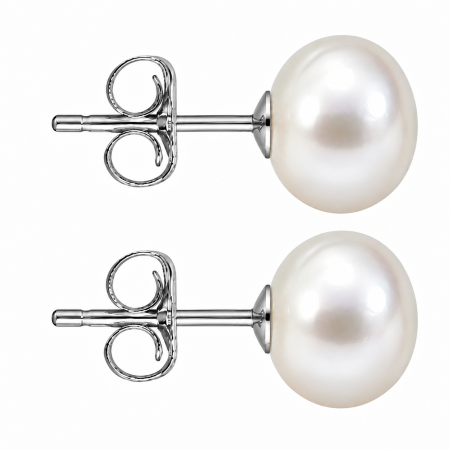 Bijuterii Mireasa - Cercei Perle Mari, Naturale, 9-10 mm, Buton AAA, Aur Alb 14K (aur 585), Tip Șurub | KASKADDA®