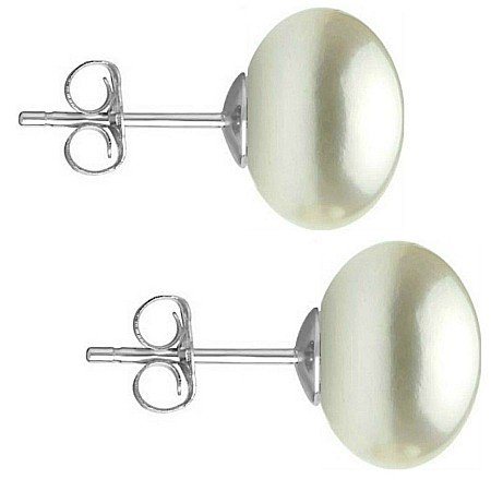 Cercei Aur cu Perle - Cercei Perle Mari, Naturale, 9–10 mm, Buton AAA, Aur Alb 14K (aur 585), Tip Șurub | KASKADDA®