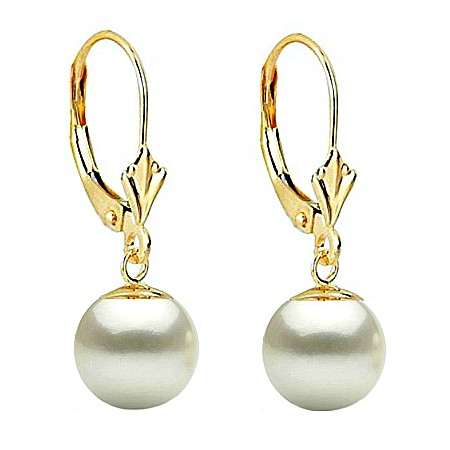 Cercei Aur cu Perle - Cercei Perle Naturale Albe 8 mm, Rotunde AAA, Aur 14K (aur 585), Model Lalea   | KASKADDA®