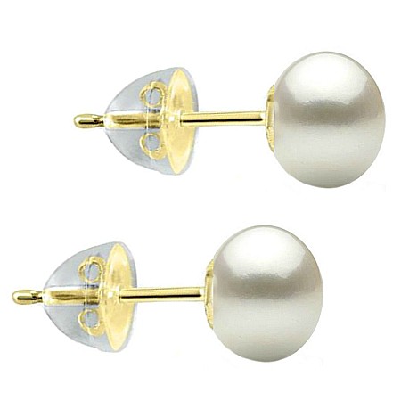 Cercei Aur cu Perle - Cercei Perle Naturale Albe 7–8 mm, Buton AAA, Aur 14K (aur 585), Fluturași Aur în Silicon   | KASKADDA®