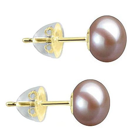 Cercei Aur cu Perle - Cercei Perle Naturale Lavandă 7–8 mm, AAA, Aur 14K (aur 585), Tip Șurub cu Fluturași Silicon   | KASKADDA®