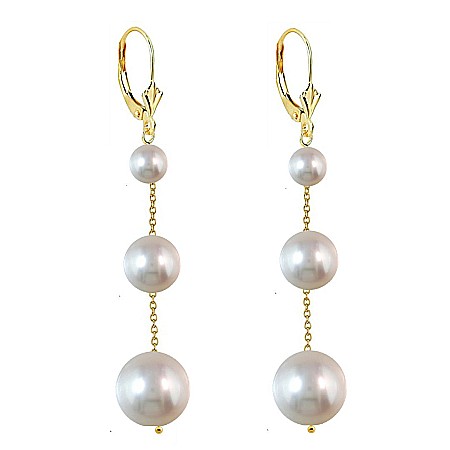 Cercei Aur cu Perle - Cercei Perle Naturale Lungi Tripli, Aur 14K (aur 585)   | KASKADDA®