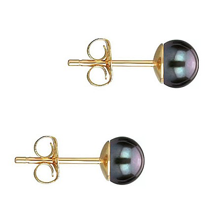 Cercei Aur cu Perle - Cercei Perle Naturale Negre 5–6 mm, Buton AAA, Aur 14K (aur 585), Tip Șurub   | KASKADDA®