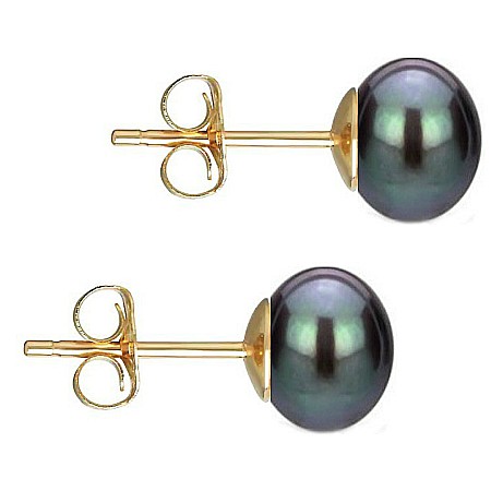 Bijuterii cu Perle Naturale - Cercei Perle Naturale Negre 7–8 mm, Aur 14K (aur 585), Calitate AAA   | KASKADDA®