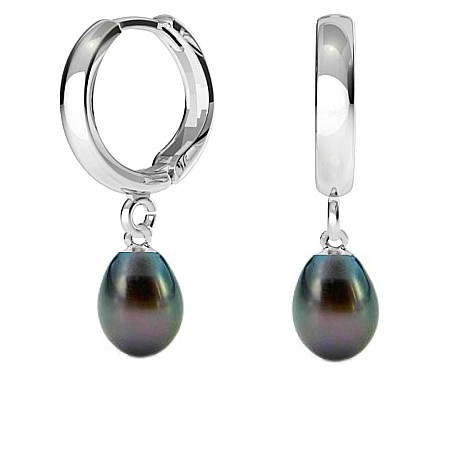 Cercei cu Perle - Cercei Perle Negre Teardrop, Reflex Albăstrui, Tip Creole, Argint 925 | KASKADDA®