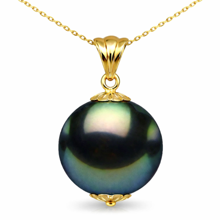 Perle Tahitiene - Colier cu Pandantiv Aur si Perlă Naturală Tahitiană Neagră, de 10-11 mm, AAA, Aur Galben 14K cu Pandantiv | KASKADDA®