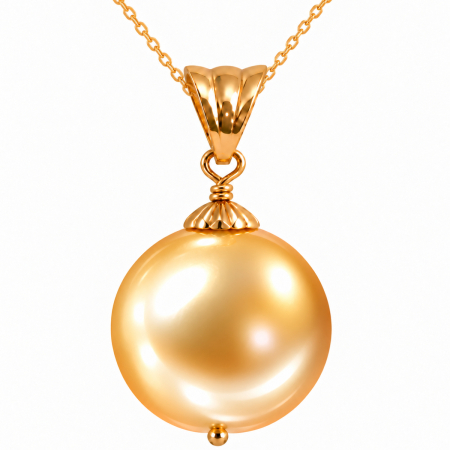 Cadouri - Colier cu Pandantiv și Perlă South Sea Aurie de 13-13,5 mm, Calitate AAA și Aur Galben 14K, Perlă Rară | KASKADDA®