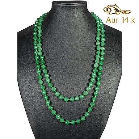Bijuterii Jad - Colier Lung Jad Verde Malaesian de 8 mm cu Închizătoare de Aur de 14k