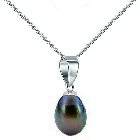 Coliere Perlă Naturală - Colier Perla Naturala Neagra, Lacrimă, 6/8 mm și Aur Alb 14K (aur 585) | KASKADDA®