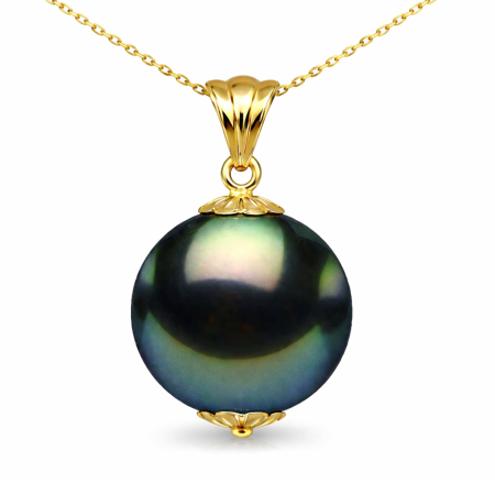Coliere Perlă Naturală - Colier Perlă Naturală Tahitiană Neagră, de 8-9 mm, AAA, Aur Galben 14K cu Pandantiv | KASKADDA®
