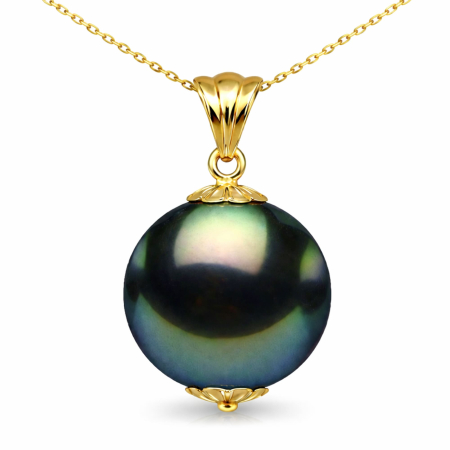 Perle Tahitiene - Colier Perlă Naturală Tahitiană Neagră, de 9-10 mm, Calitate AAA, Aur Galben 14K cu Pandantiv | KASKADDA®