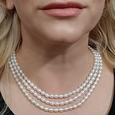 Coliere Perle Mici - Colier Triplu Perle Albe 8/6 mm, Ovale, Calitate AA+, Închizătoare Argint | KASKADDA®
