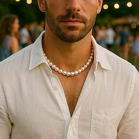 Coliere Perle Bărbați - Colier Perle Bărbați, Albe, 8,5–9,5 mm, Aur 14K, Design Masculin | KASKADDA®