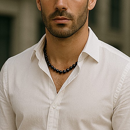 Coliere Perle Bărbați - Colier Perle Bărbați, Negre, 7–8 mm, Aur Galben 14K, Design Fix | KASKADDA®