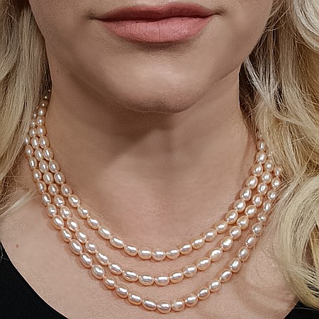 Coliere Perle Mici - Colier Triplu Perle Crem 8/6 mm, Ovale, Calitate AA+, Închizătoare Argint | KASKADDA®