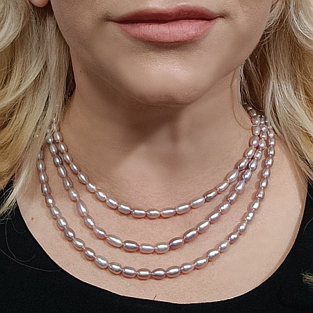 Coliere Perle Mici - Colier Triplu Perle Lavandă 8/6 mm, Ovale, Calitate AA+, Argint 925 | KASKADDA®