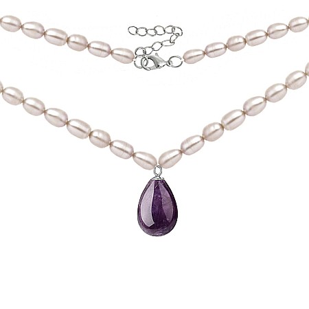 Coliere Perle Mici - Colier Perle Naturale și Ametist Lacrimă, Argint 925, Model Princess | KASKADDA®