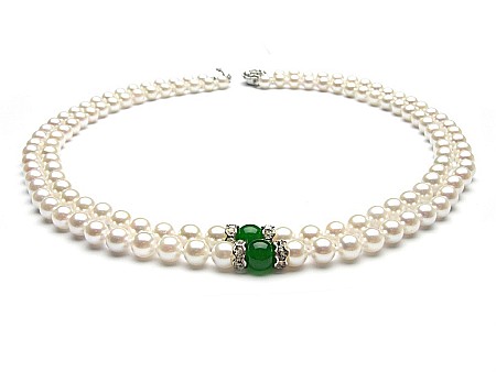 Bijuterii cu Perle Naturale - Colier Dublu Perle Naturale Albe 6–7 mm, Jad Malaezian 8 mm, Argint 925| KASKADDA®