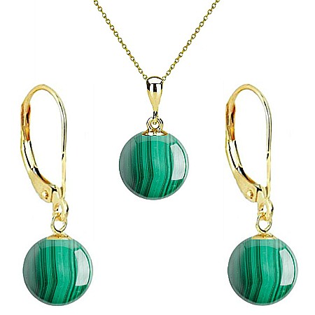 Malachit - Set Aur 14 karate, Colier cu Pandantiv si Cercei cu Tortita Inchisa cu Pietre Semipretioase Naturale de Malachit de 10 mm