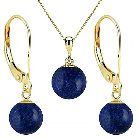 Lapis Lazuli - Set Aur 14 karate, Colier cu Pandantiv si Cercei cu Tortita Inchisa cu Pietre Semipretioase Naturale de Lapis Lazuli de 8 mm