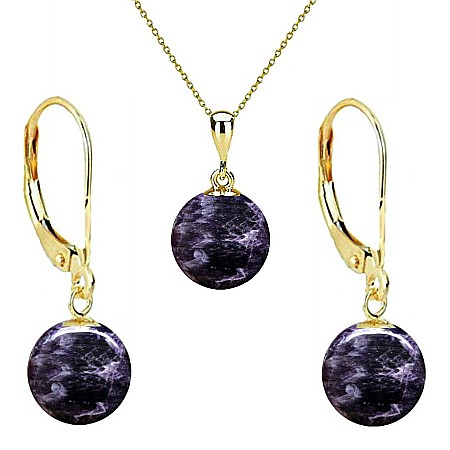 Bijuterii cu Ametist - Set Aur 14 karate, Colier cu Pandantiv si Cercei cu Tortita Inchisa cu Pietre Semipretioase Naturale de Ametist de 10 mm