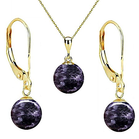 Bijuterii cu Ametist - Set Aur 14 karate, Colier cu Pandantiv si Cercei cu Tortita Inchisa cu Pietre Semipretioase Naturale de Ametist de 8 mm