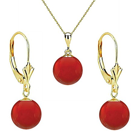 Carneol - Set Aur 14 karate, Colier cu Pandantiv si Cercei Model Lalea cu Pietre Semipretioase Naturale de Carneol de 10 mm
