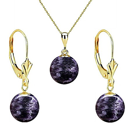 Bijuterii cu Ametist - Set Aur 14 karate, Colier cu Pandantiv si Cercei Model Lalea cu Pietre Semipretioase Naturale de Ametist de 10 mm