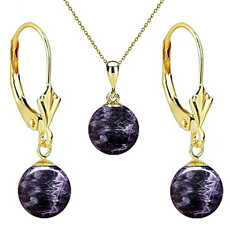 Bijuterii cu Ametist - Set Aur 14 karate, Colier cu Pandantiv si Cercei Model Lalea cu Pietre Semipretioase Naturale de Ametist de 8 mm