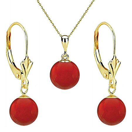 Carneol - Set Aur 14 karate, Colier cu Pandantiv si Cercei Model Lalea cu Pietre Semipretioase Naturale de Carneol de 8 mm