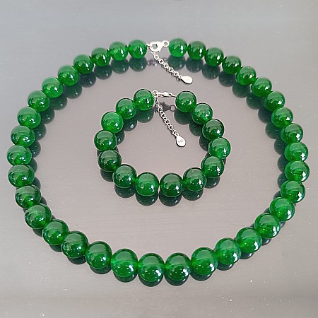 Bijuterii Jad - Set Colier si Bratara cu Jad Verde Malaezian de 12 mm si Inchizatori din Argint