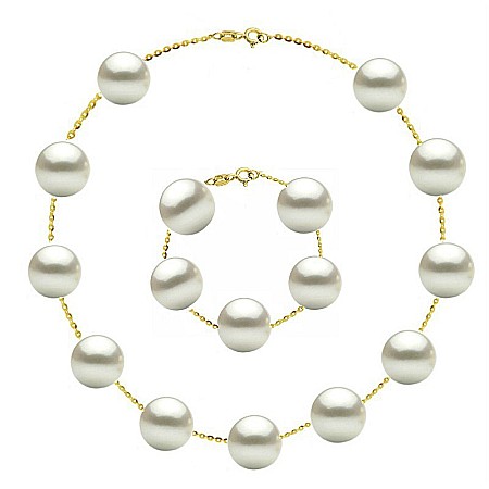 Colectia Exclussive Pearls - Set Office Perle Albe 9 mm – Colier și Brățară, Aur Galben 14K | KASKADDA®