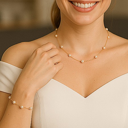 Best Sellers - Set Perle Office, Albe, 8 mm – Colier, Brățară și Cercei, Aur Galben 14K | KASKADDA®