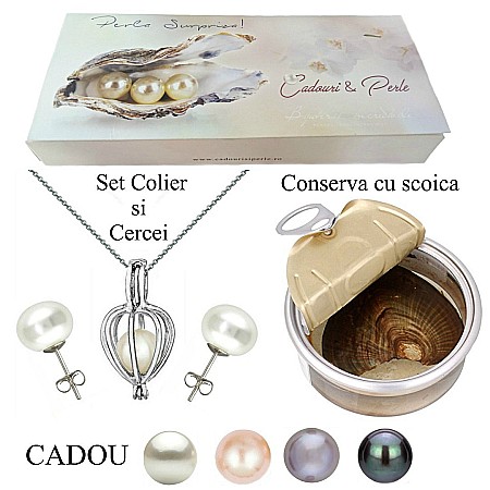 Seturi Perle cu Argint - Set Perla Surpriza cu Cercei Bumb Perle Albe