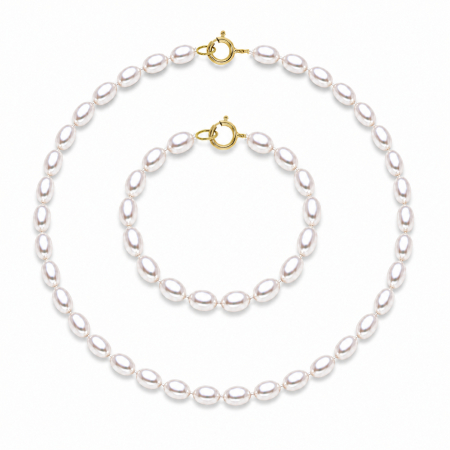 Seturi Perle cu Aur - Set Perle AA+ Ovale - Colier și Brățară cu Aur 14K și Perle Naturale Albe 4/6 mm| KASKADDA®