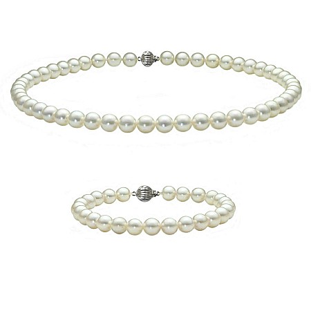 Seturi Perle cu Aur - Set Perle AAA – Colier și Brățară cu Aur Alb 14K, Perle Naturale Akoya Japoneze 7,5-8 mm | KASKADDA®