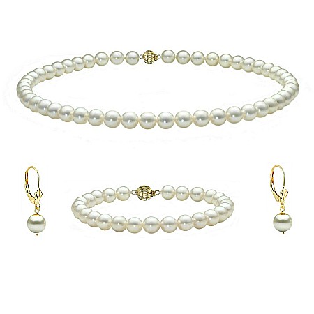 Perle Rare Japoneze Akoya - Set Perle Akoya Japoneze 7,5–8 mm – Colier, Brățară și Cercei, Aur Galben 14K | KASKADDA®