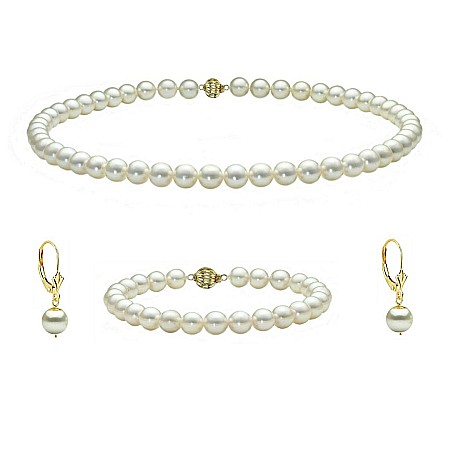 Perle Rare Japoneze Akoya - Set Perle Akoya Japoneze 7–7,5 mm – Colier, Brățară și Cercei, Aur Galben 14K | KASKADDA®