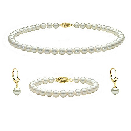 Cadouri pentru Mama - Set Perle Akoya Japoneze 7–7,5 mm – Colier, Brățară și Cercei cu Închizători Filigranate, Aur Galben 14K | KASKADDA®