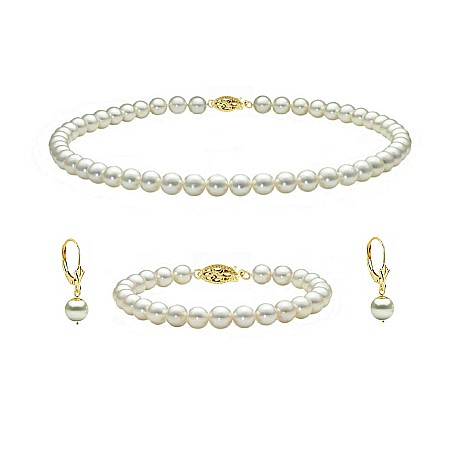 Perle Rare - Set Perle Akoya Japoneze 5,5–6 mm – Colier, Brățară și Cercei cu Închizători Filigranate, Aur Galben 14K | KASKADDA®