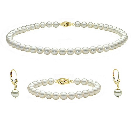 Seturi Perle cu Aur - Set Perle Akoya Japoneze 7,5–8 mm – Colier, Brățară și Cercei cu Închizători Filigranate, Aur Galben 14K | KASKADDA®